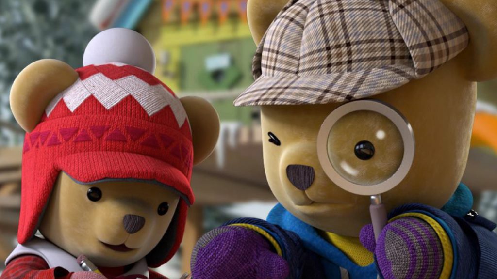 Promo image for Treehouse Detectives showing two CG teddy bears looking at clues