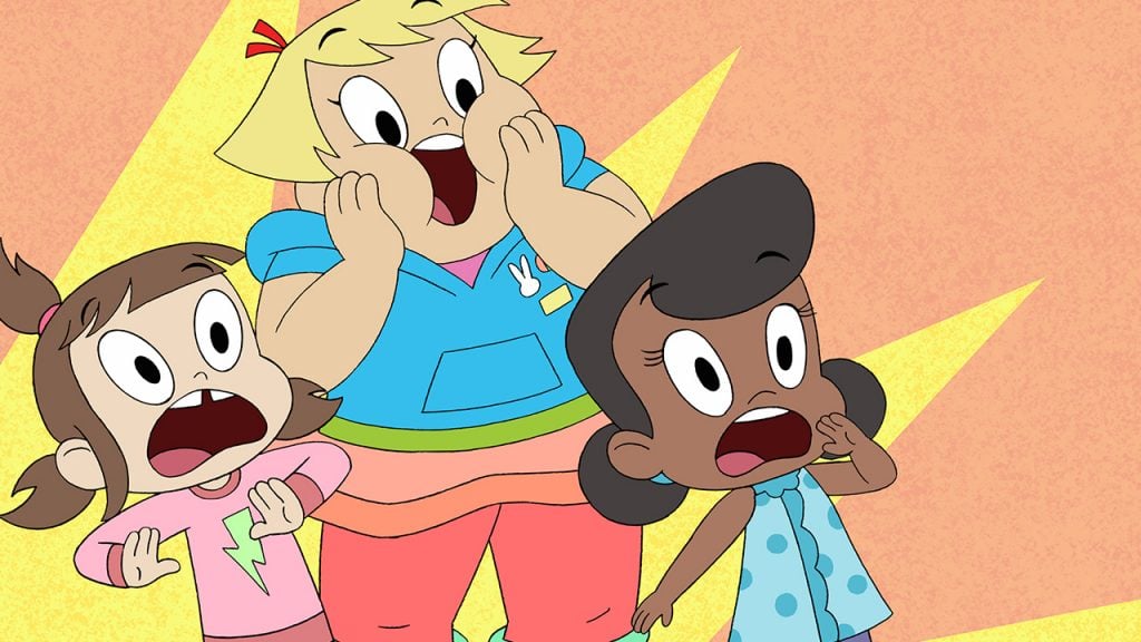Promo image for the Harvey Street Kids showing three animated girls looking shocked