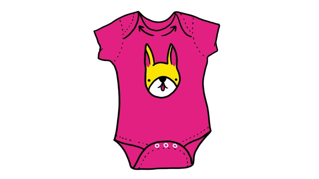 Illustration of a pink onesie with a fox face on the front