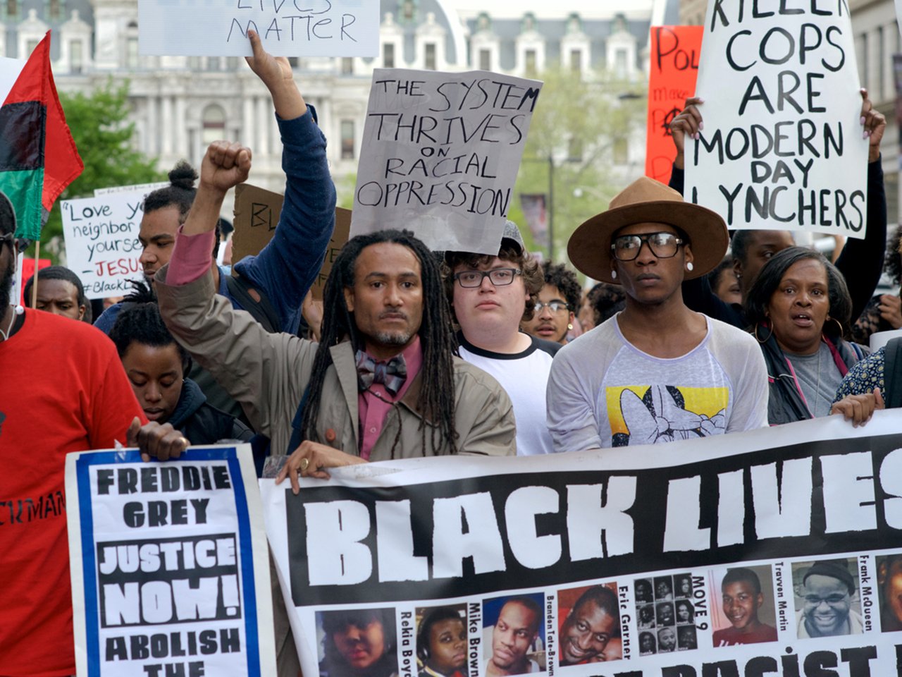 Protestors in support of the national 'Black Lives Matter' movement gathered at Dillworth Plaza in Philadelphia on April 30