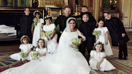 Royal wedding portrait of Prince Harry, Meghan Markle, and the kids in their bridal party