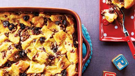 Baking dish with raisin-studded bread pudding
