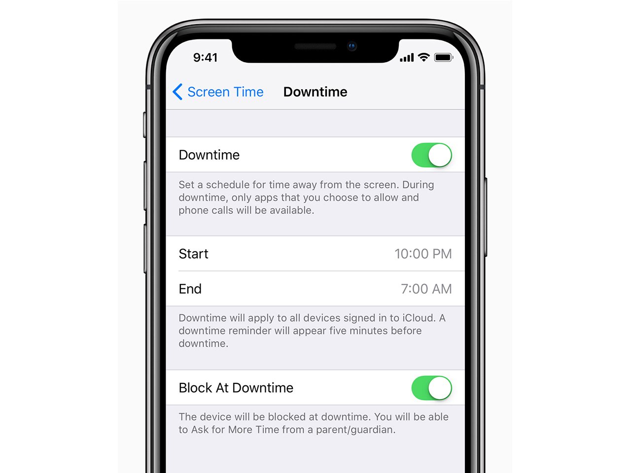 Photo of an iPhone settings screen showing the 'downtime' feature