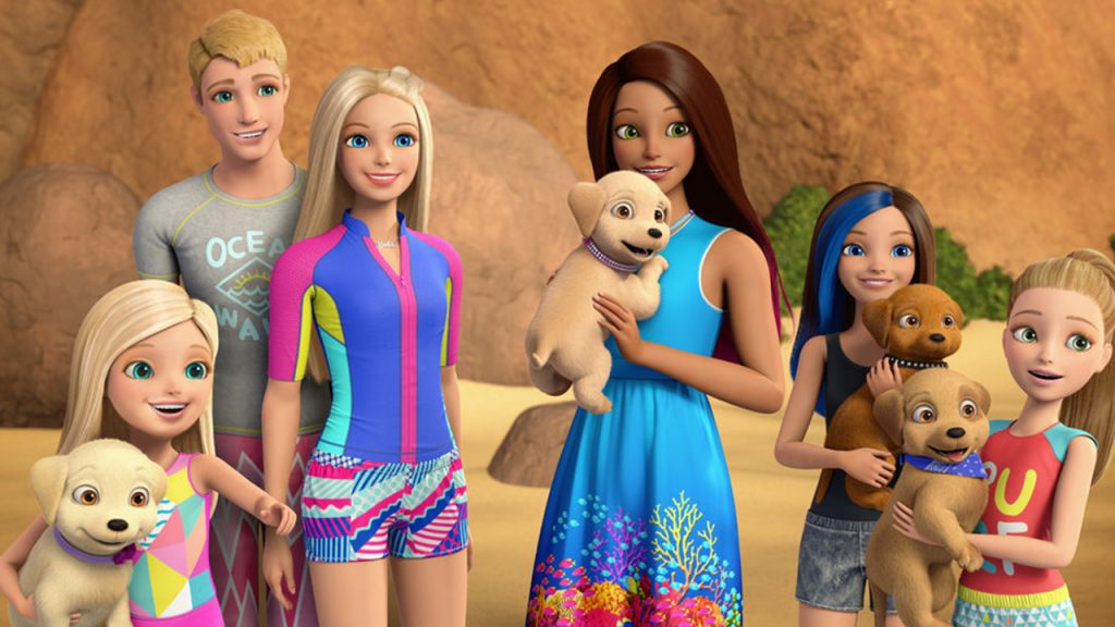 Promo image for Barbie Dolphin Magic showing Barbie and friend son a beach holding puppies