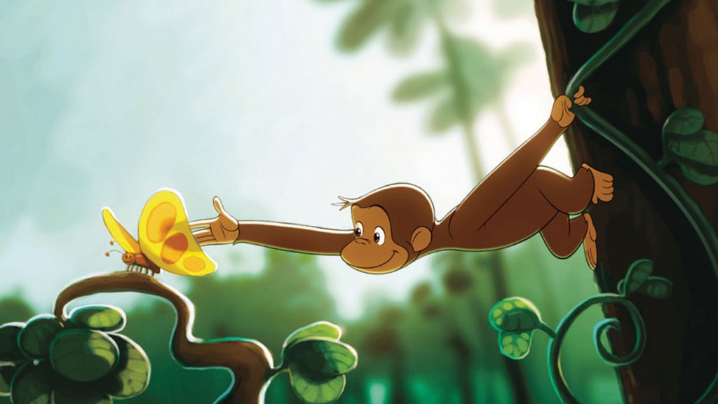 Promo image for Curious George showing a monkey reaching for a butterfly