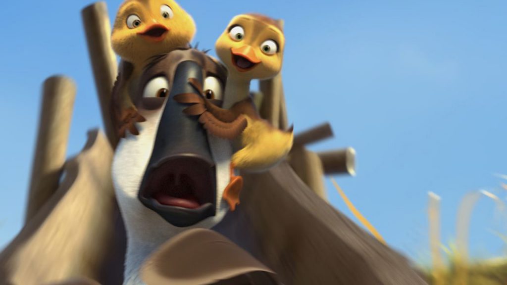 Promo image for Duck Duck Goose showing a goose with two ducklings on his head