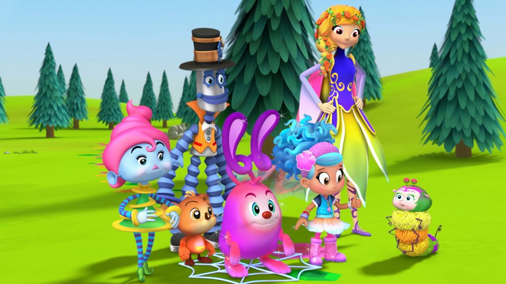 Promo image for Luna Petunia showing a bunch of brightly-coloured characters standing on a grassy hill