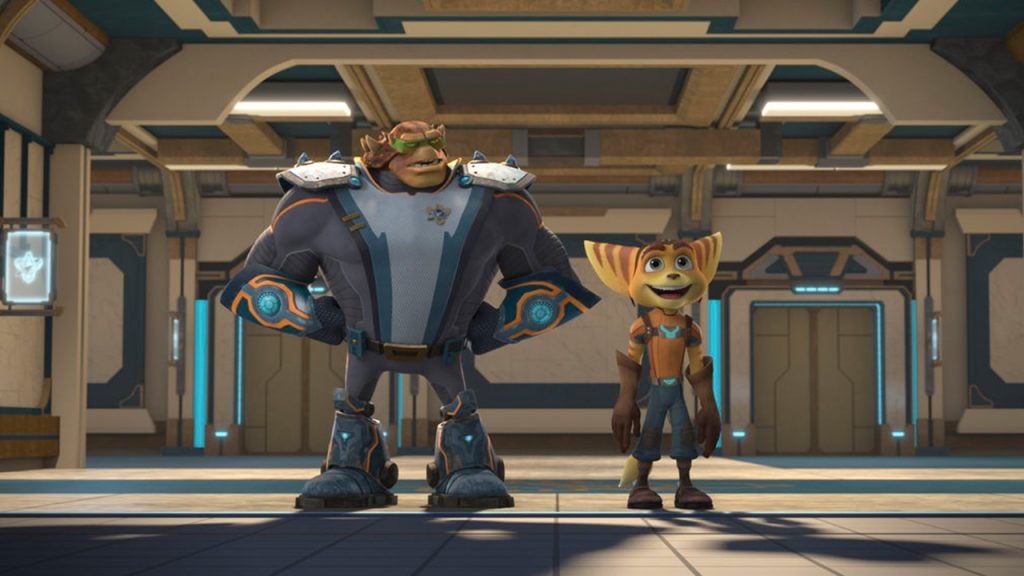 Promo image for Ratchet and Clank showing two aliens standing inside a futuristic hallway