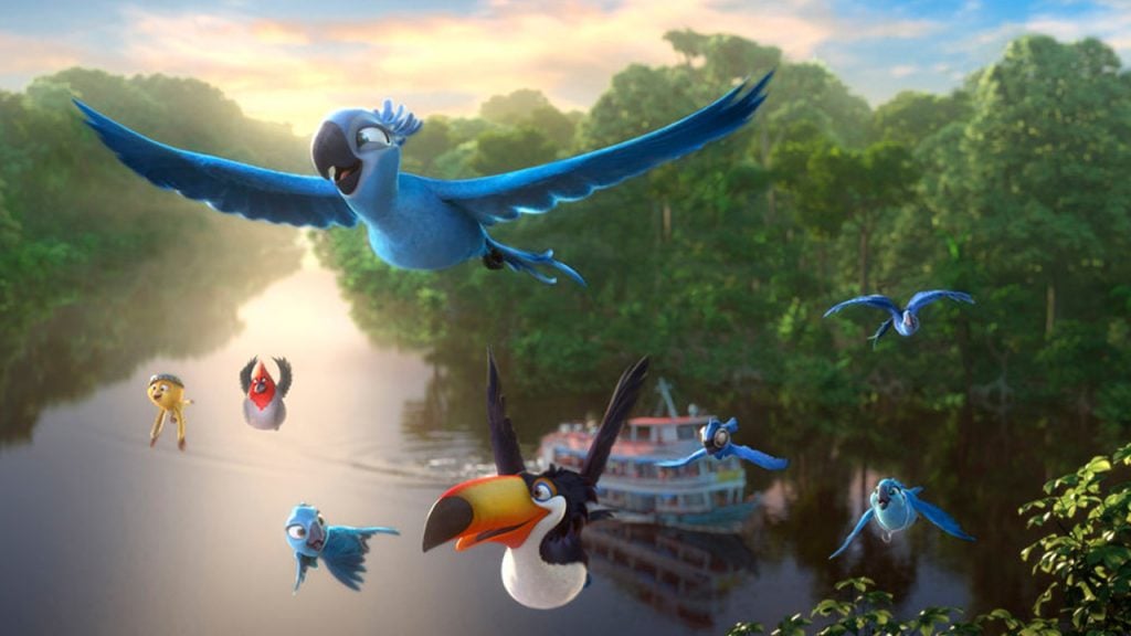 Promo image for Rio 2 Showing tropical birds flying through the sky