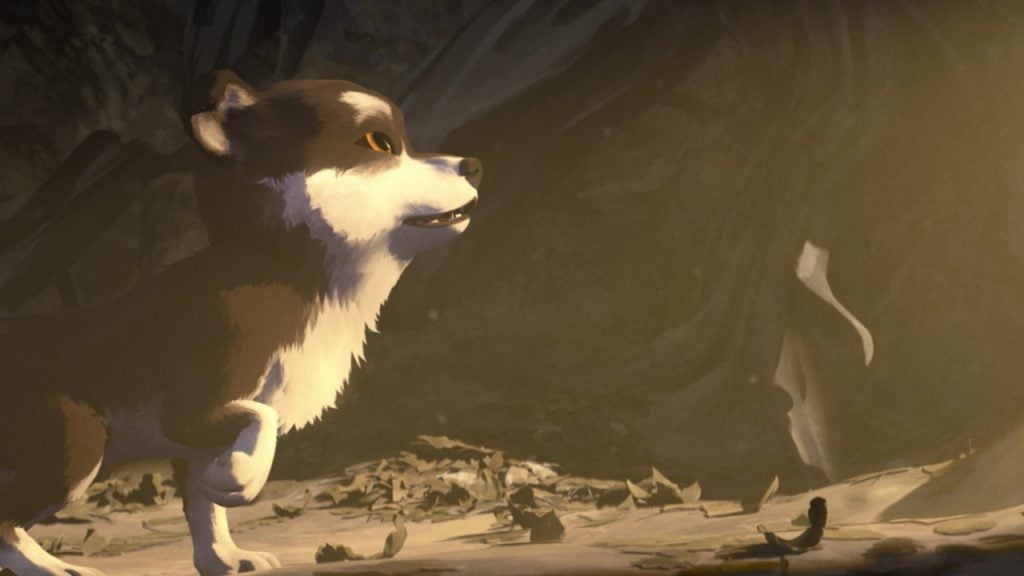 Promo image for White Fang showing an animated wolfdog looking into the light