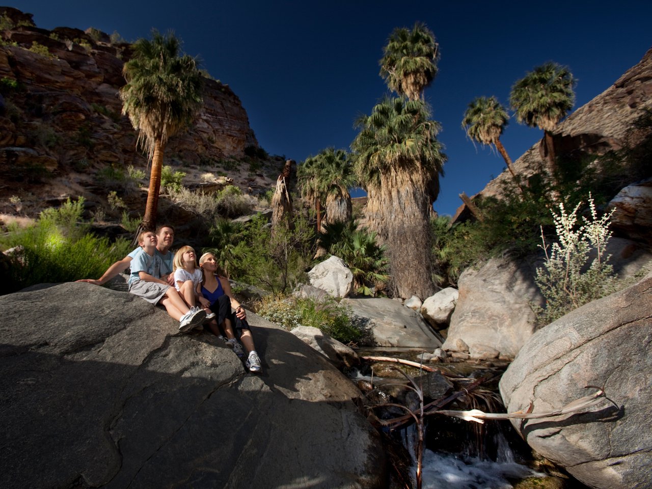 family sitting in a rock formation in the Palm desert