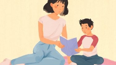 Illustration of mom teaching child to read a book