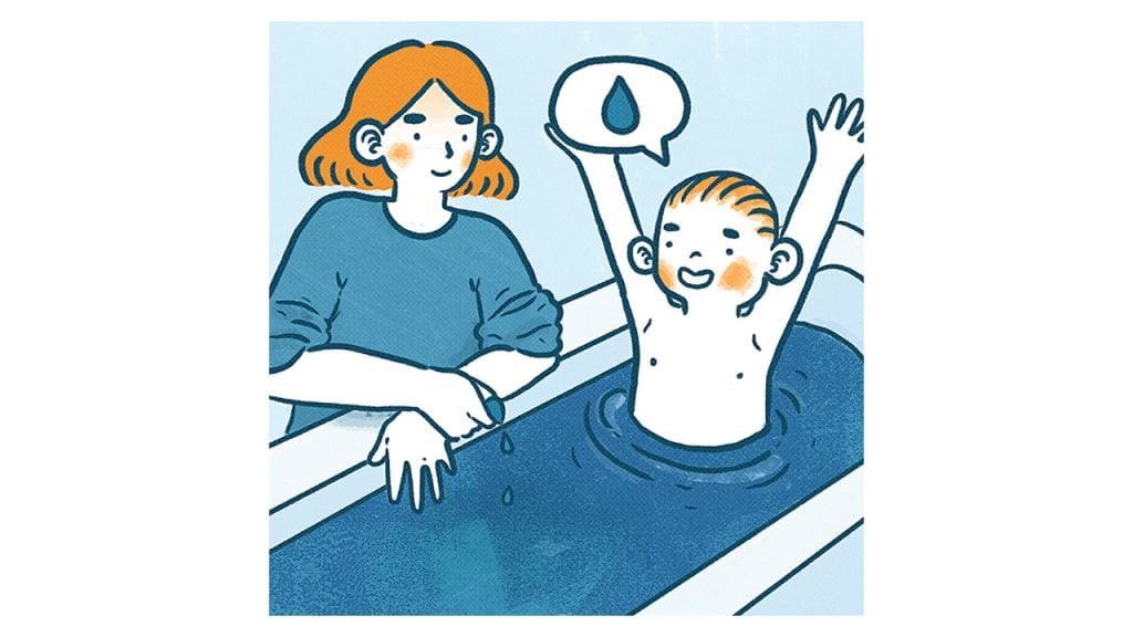 Illustration of a kid playing in a bath with mom sitting next to the tub