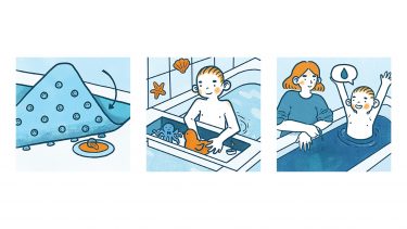 Three illustrations showing bathtime hacks
