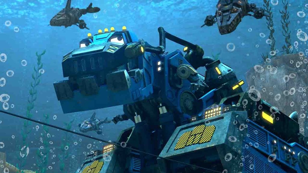 On of th edinotrux submerged underwater with robot sharks behind him