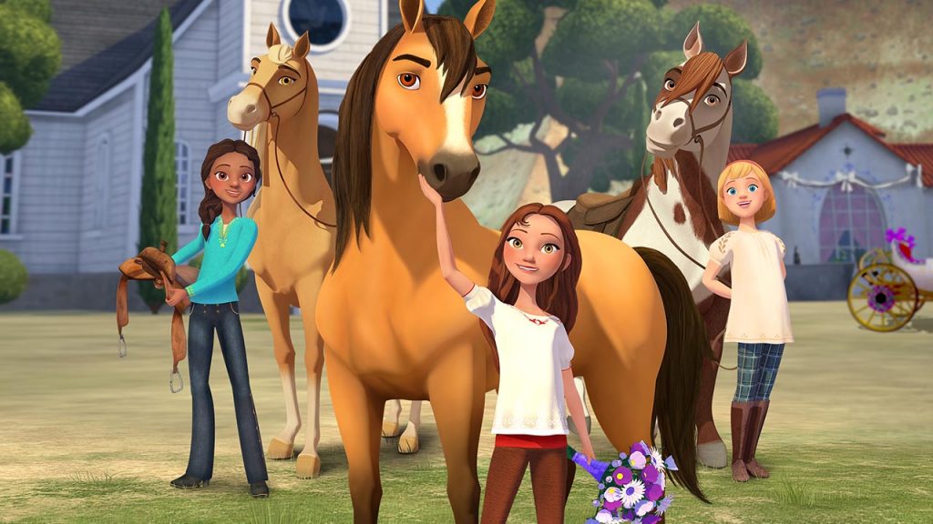 Animated girls posing with horses