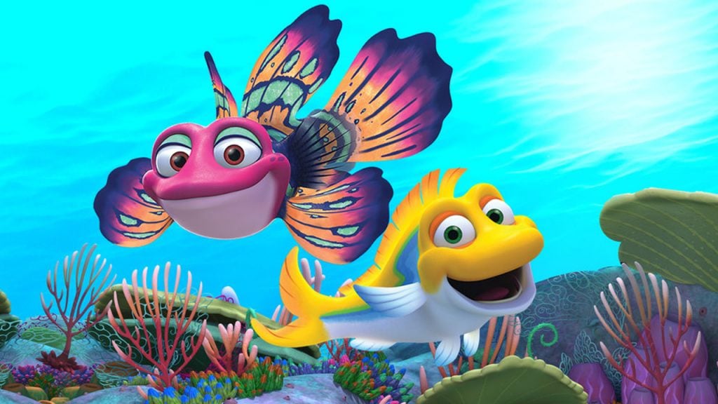 Two smiling fish, one is pink the other is yellow