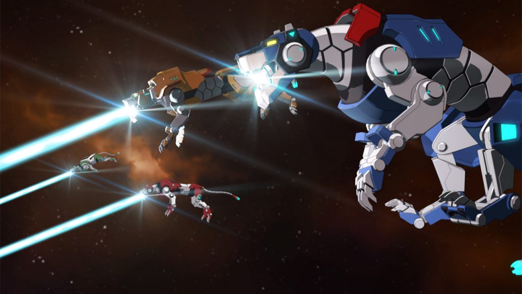 the robot Voltron lions blasting lasers in space