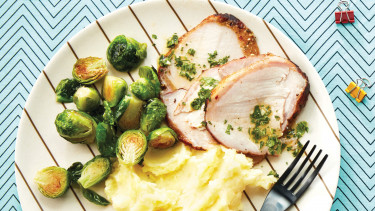 plate with pork, mash, and brussels sprouts