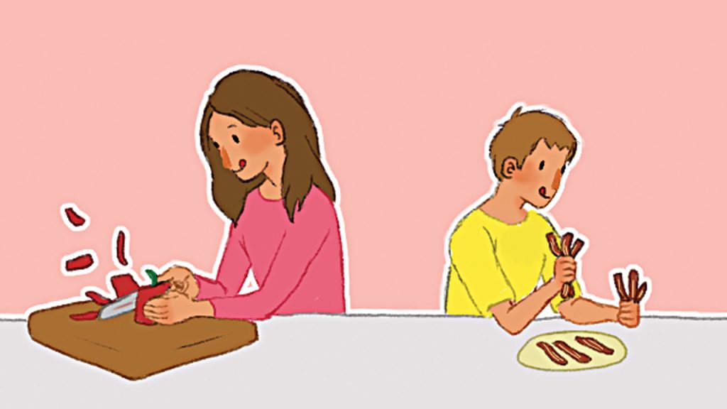Illustration of a mom and son prepping lunch