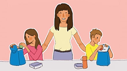 Illustration of a happy mom with her kids next to her packing their lunches