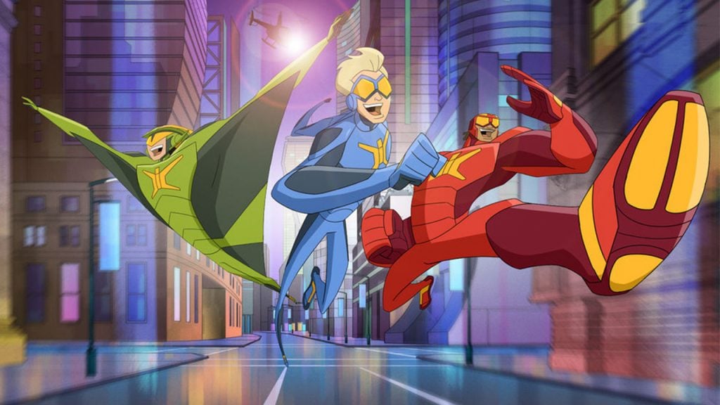 Promo image for Stretch Armstrong and the Flex Fighters showing three superheroes running down a city street