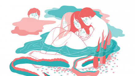 An illustration of a family in water with a person by the side looking at them