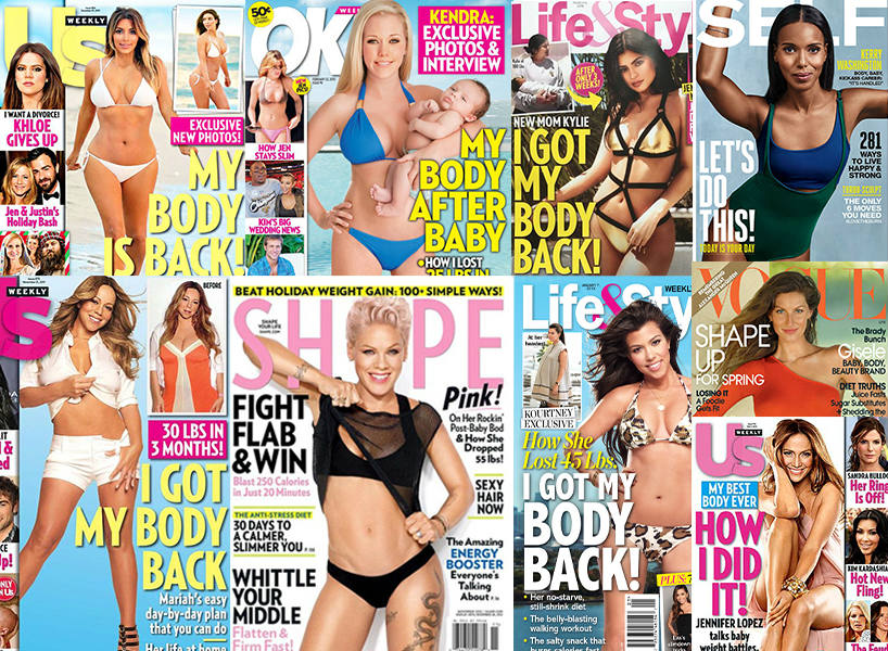 A collection of magazine covers with headlines about how these moms lost the baby weight