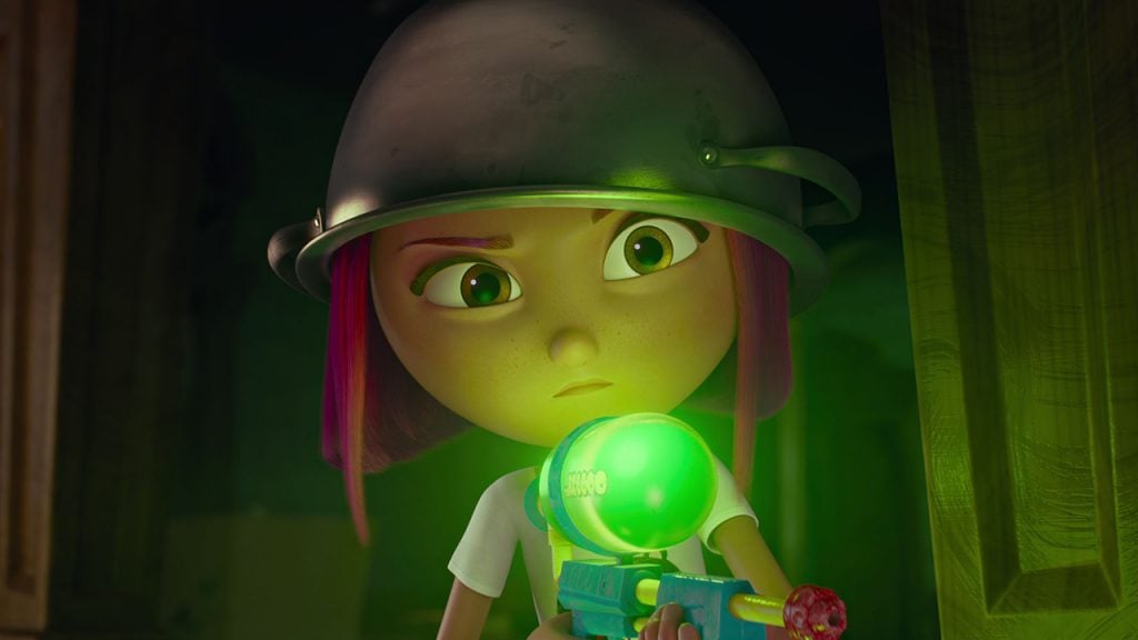 Promo image for Gnome Alone showing a girl wearing a pot helmet and holding a water gun