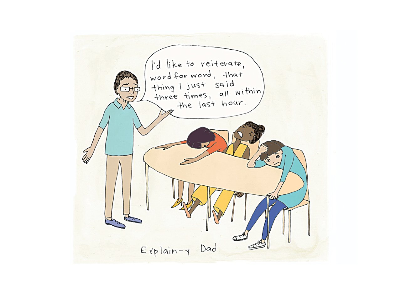 Illustration of the Explain-y dad explaining something to an audience of parents who look bored and frustrated