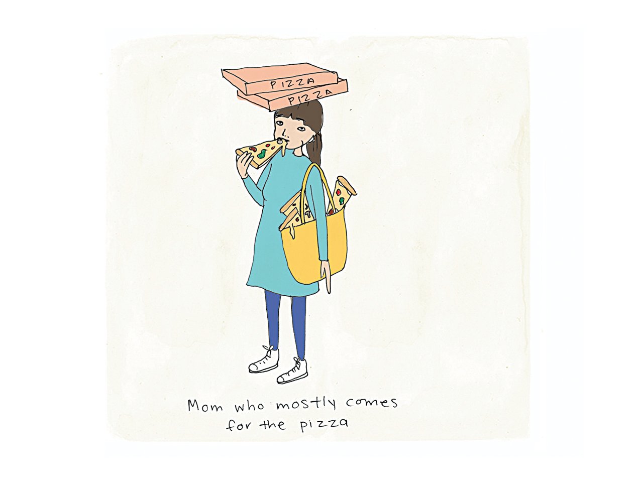 Illustration of the mom who mostly comes for the pizza who has pizza slices hanging out of her purse and pizza boxes balanced on her head