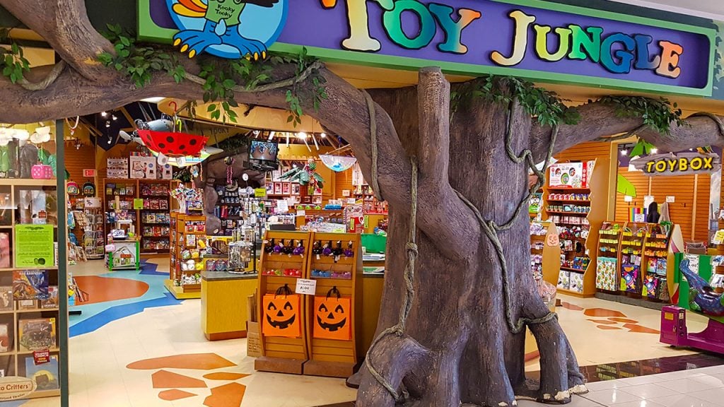 entrance to jungle-themed toy store