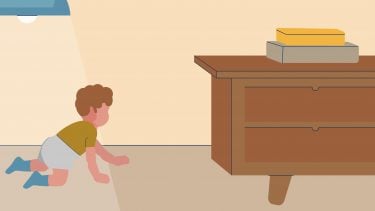 Illustration of baby crawling toward a dresser