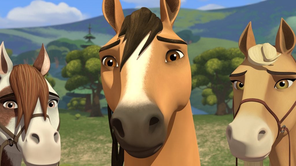 Promo image for Spirit Riding Free showing three horses looking concerned