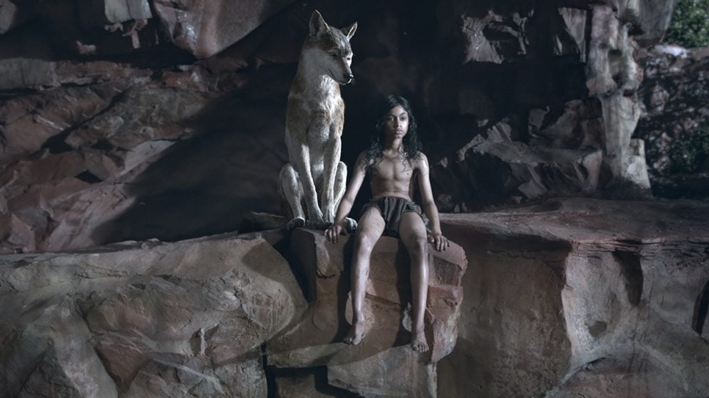 Promo image for Mowgli Legend of the Jungle showing a boy sitting on a rock face next to a wolf