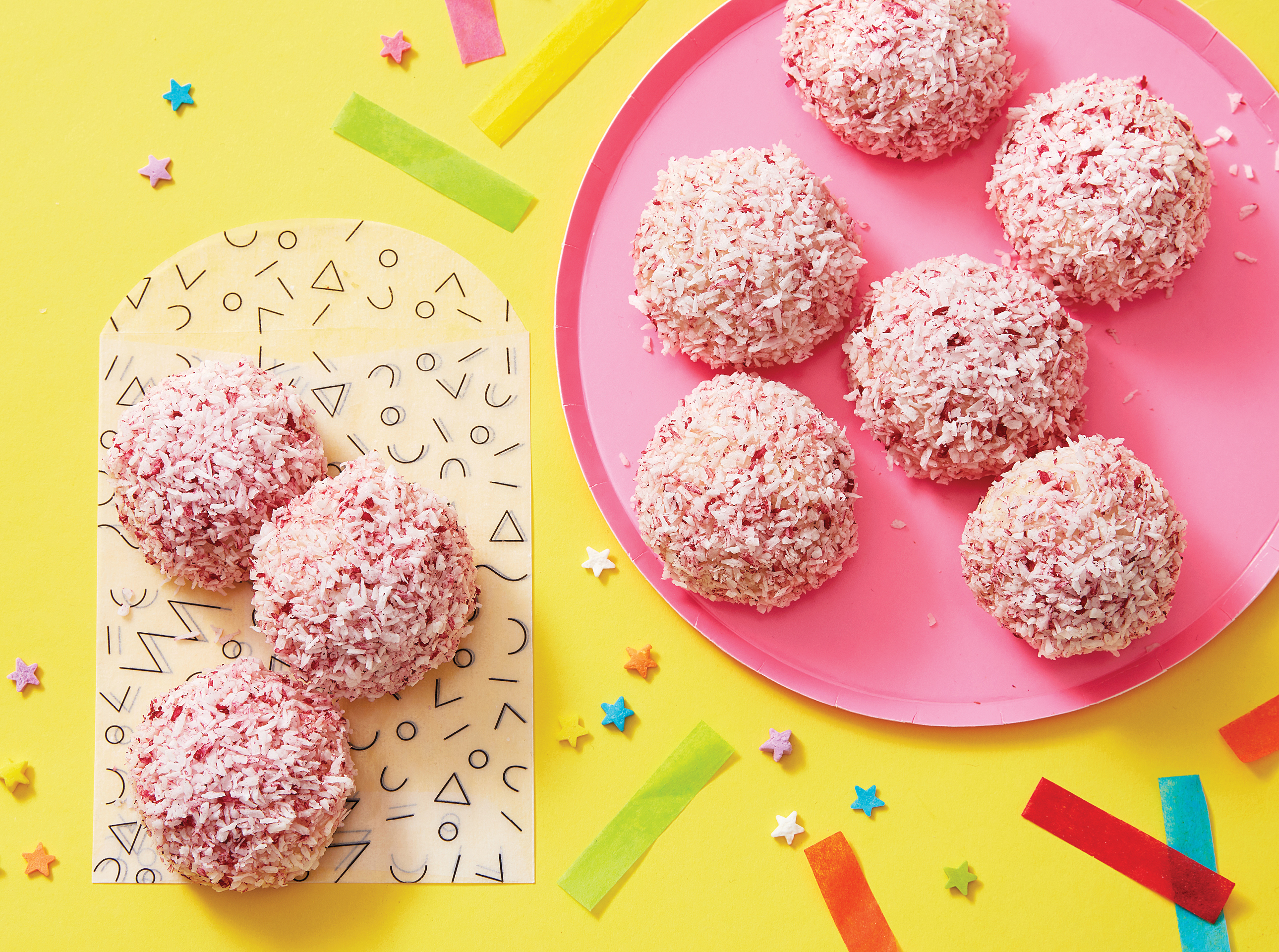 Pink almond-coconut snowballs