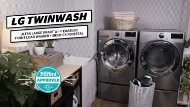 LG TwinWash washer and dryer in a laundry room, with the Today's Parent Approved seal