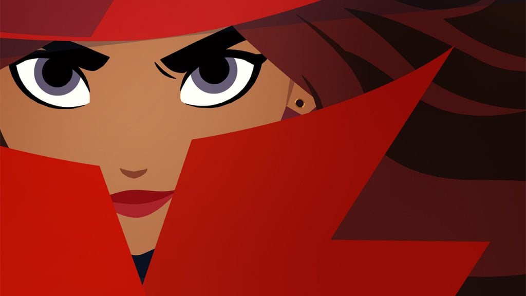 Promo image for Carmen Sandiego showing a woman's face and large red collar