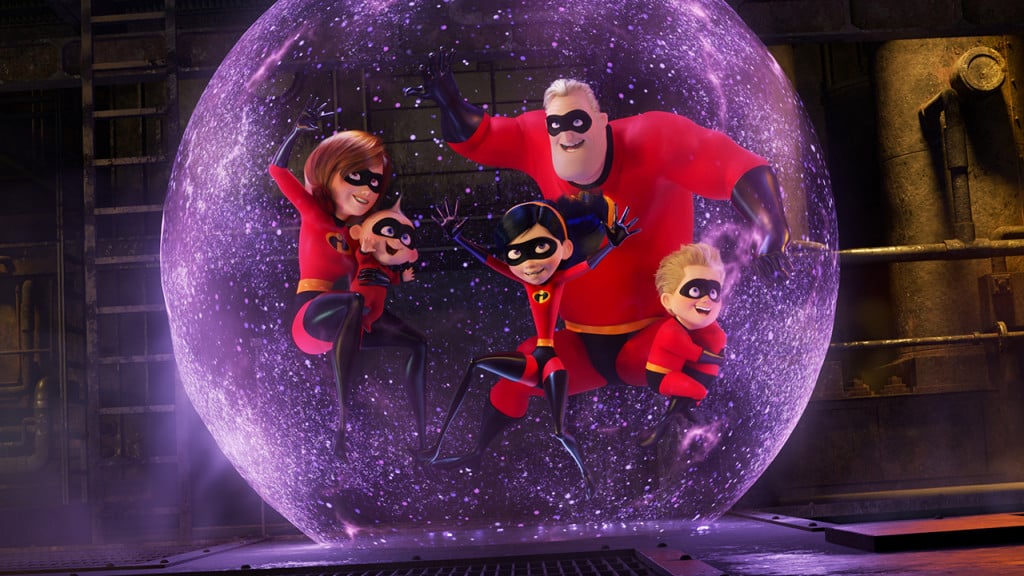 Promo image for Incredibles 2 showing a family of superheroes in a forcefield bubble