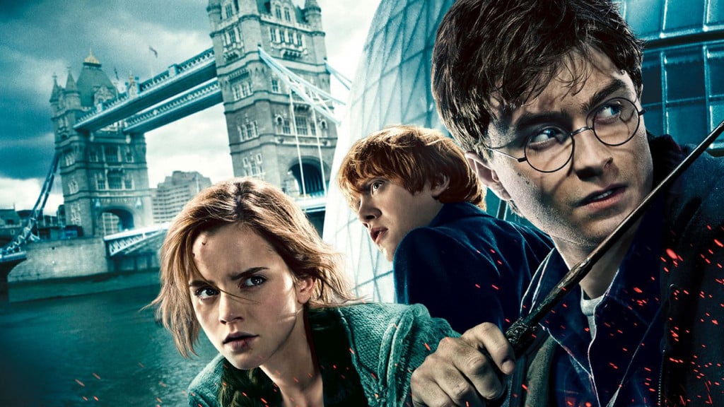 Promo image for Harry Potter and the Deathly Hallows Part 1 showing three teens looking concerned in London