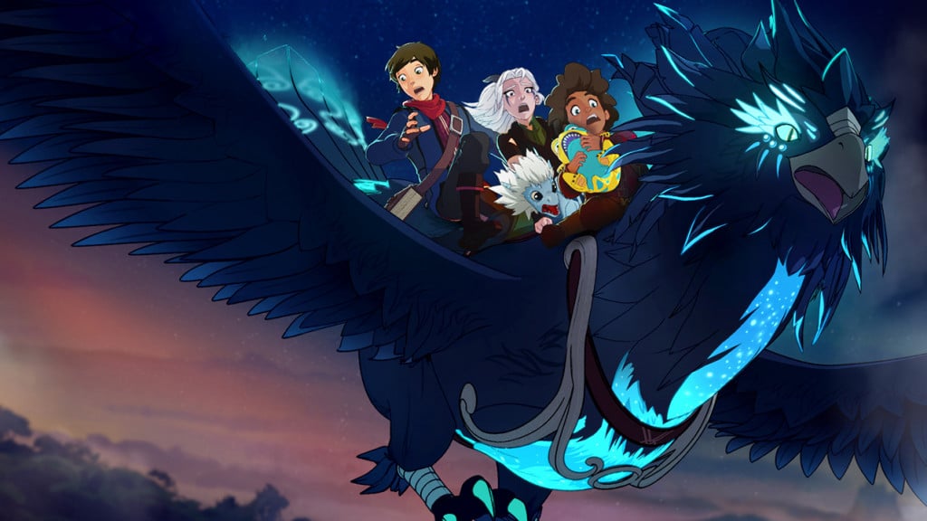 Promo image for The Dragon Prince showing kids riding on a big mystical bird