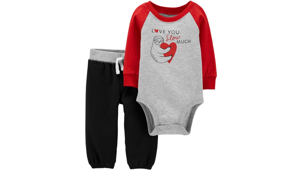 baby valentines-themed outfit with sloth