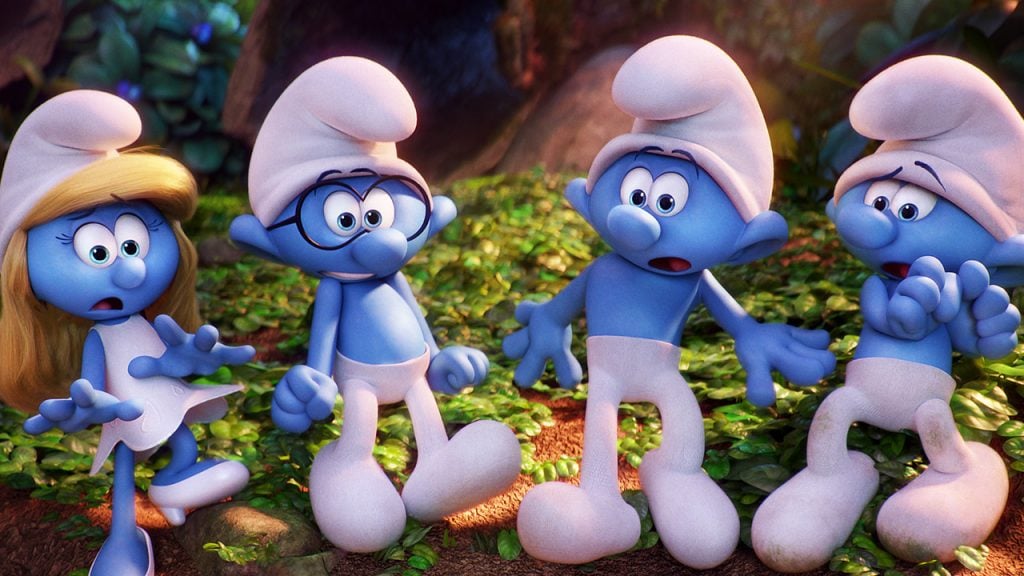 Promo image for Smurfs the Lost Village showing four smurfs looking shocked