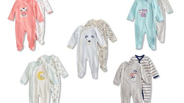 five different two-packs of baby sleepers with animals on them