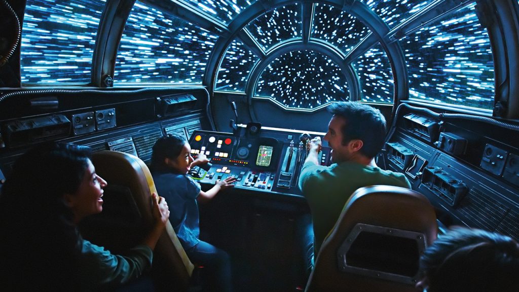 Guest riding the Millennium Falcon ride in the new Star Wars Land