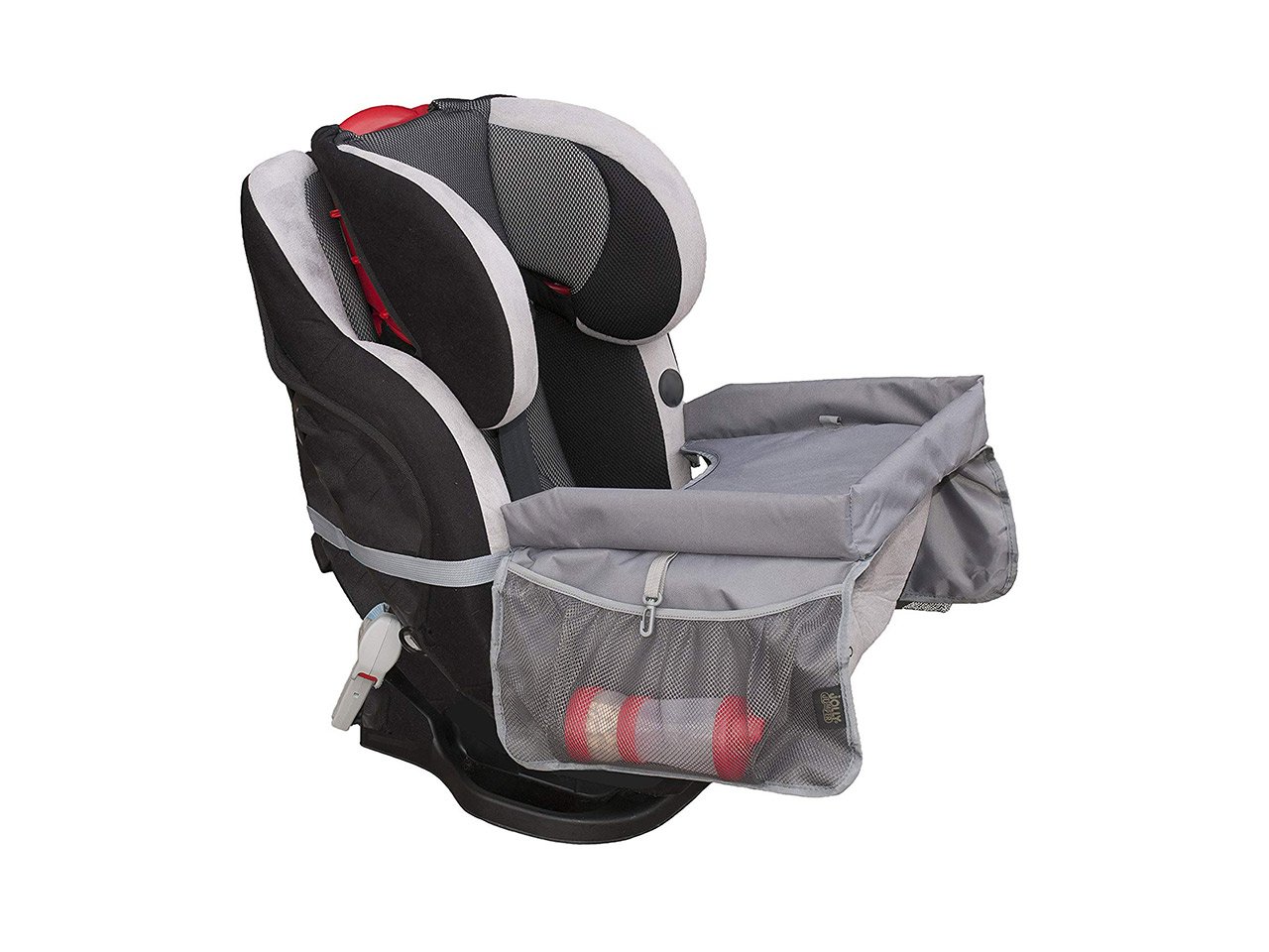 A car seat with a jolly jumper travel tray in gray over top