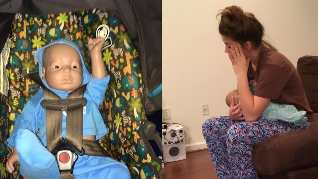 fake baby in a car seat on left, tired teenager holding baby on the right