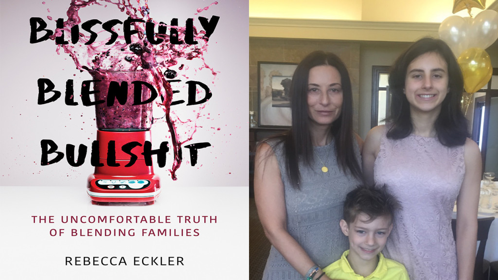 Book cover art for Blissfully Blended Bullshit with a family photo of Rebecca Eckler and her kids