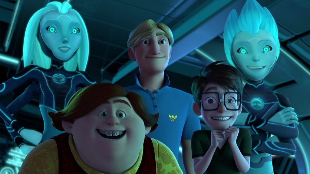 Promo image for 3Below: Tales of Arcadia showing a group of humans and two aliens looking excited