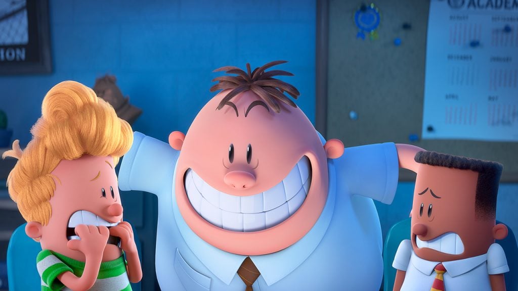 Promo image for Captain Underpants The First Epic Movie showing two boys looking scared of a teacher